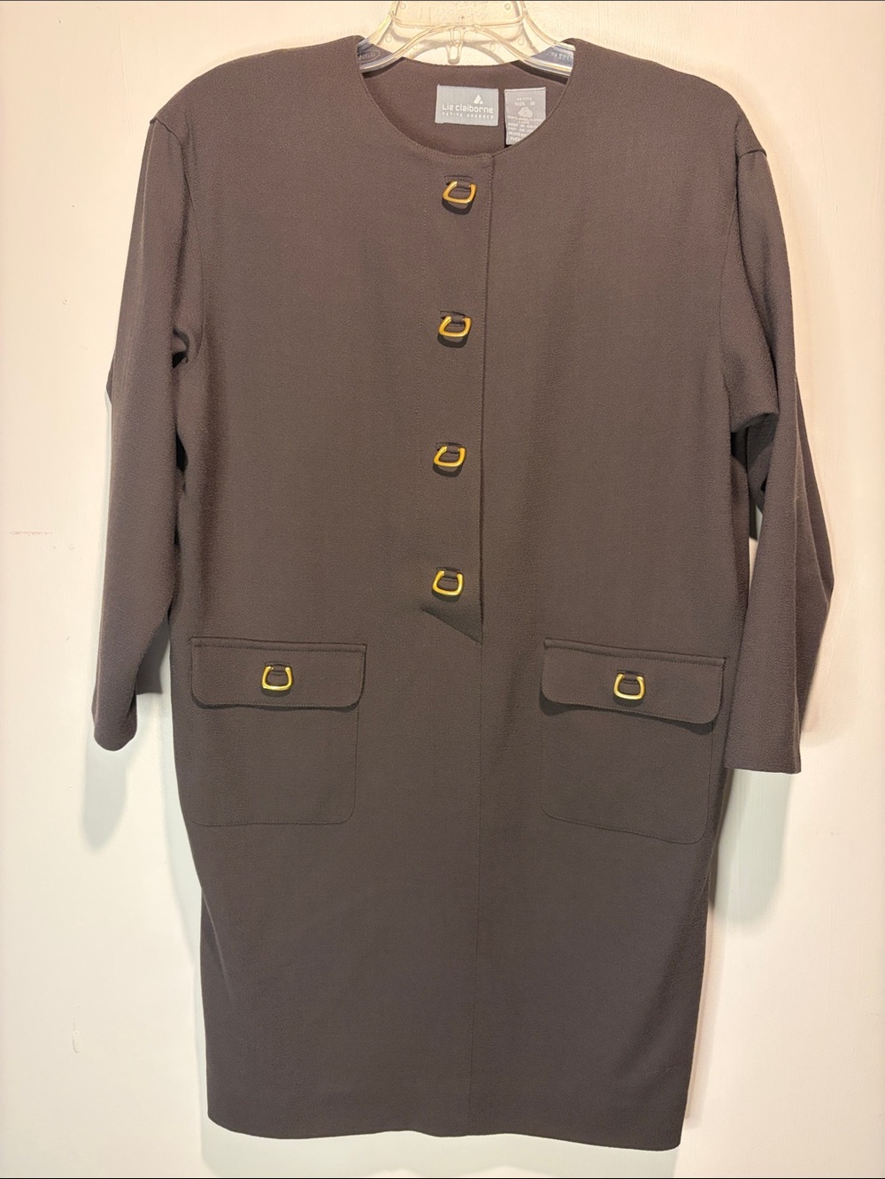 Liz Claiborne Vintage 100% Wool Sheath Dress Dark Brown Gold Hardware Size 8 P